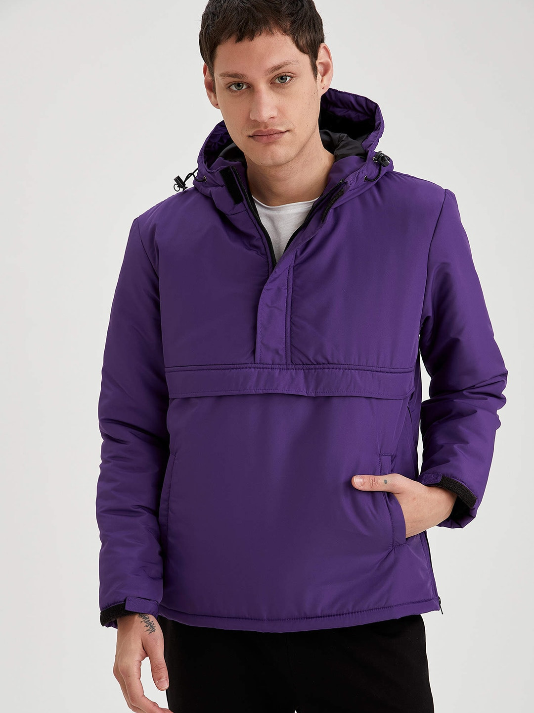 

DeFacto Men Purple Solid Hooded Padded Jacket