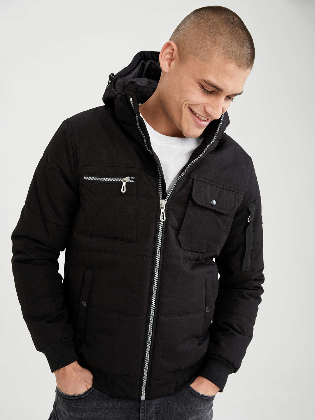 

DeFacto Men Black Slim Fit Solid Hooded Bomber Jacket