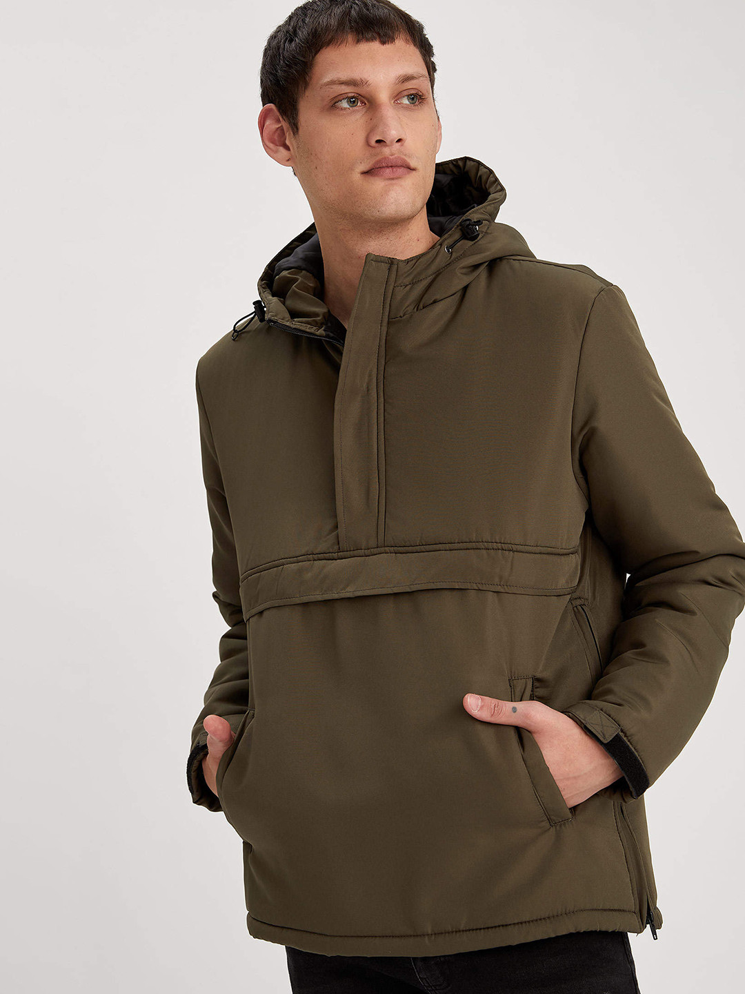 

DeFacto Men Olive Green Solid Hooded Padded Jacket