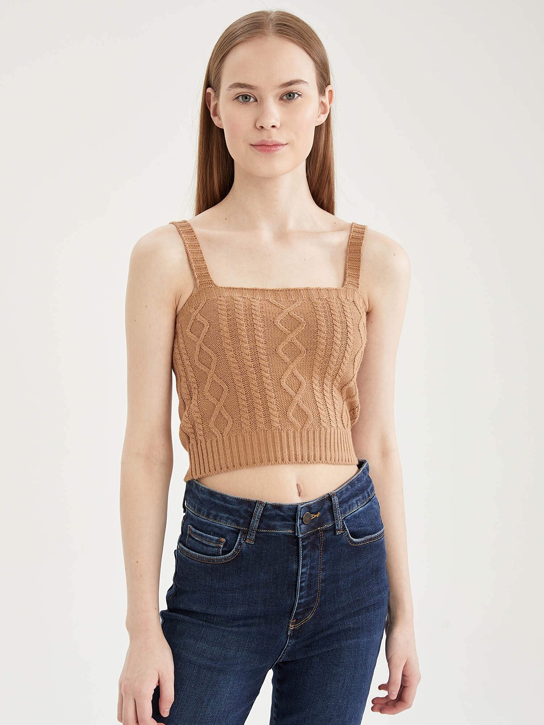 

DeFacto Women Beige Slim Fit Cable Knit Crop Cardigan with Inner