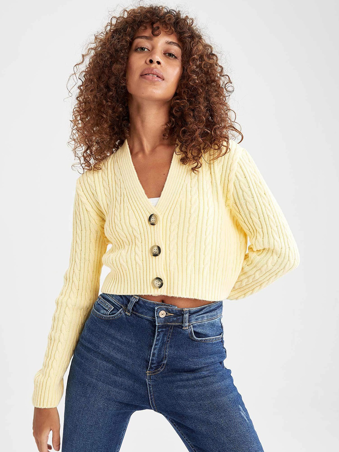

DeFacto Women Yellow Cable Knit Crop Cardigan