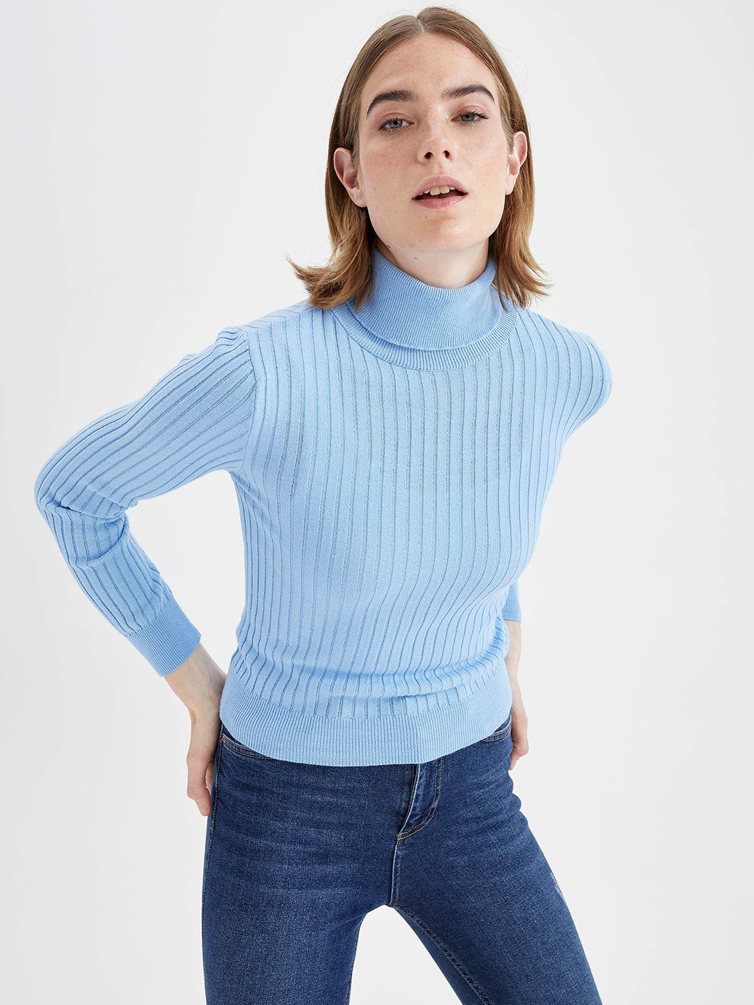 

DeFacto Women Blue Ribbed Turtle Neck Pullover