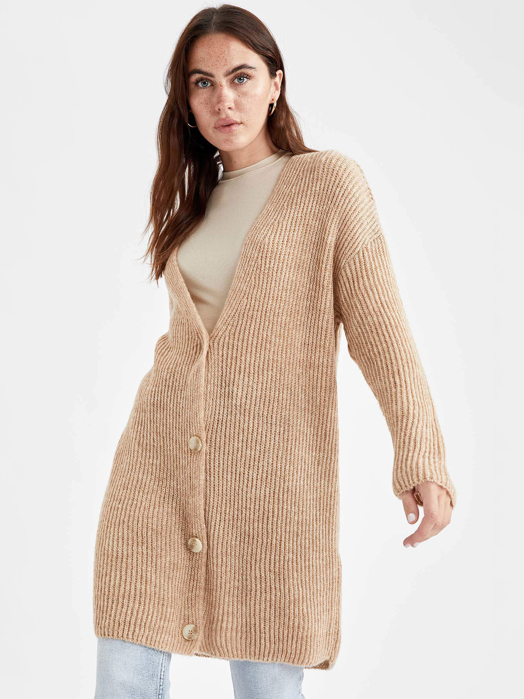 

DeFacto Women Beige Ribbed RELAX FIT Tricot Longline Cardigan