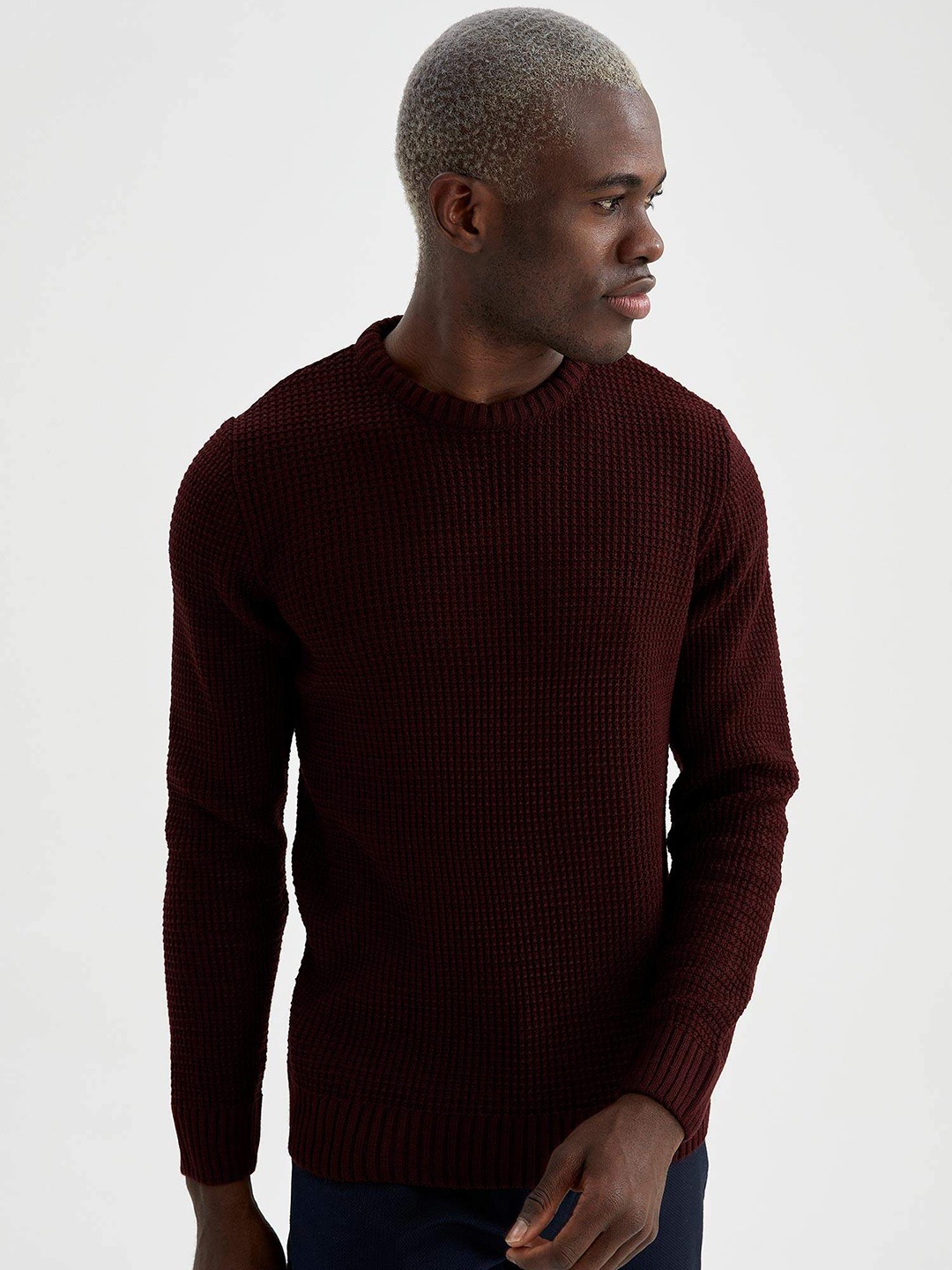 

DeFacto Men Maroon Striped SLIM FIT Tricot Pullover