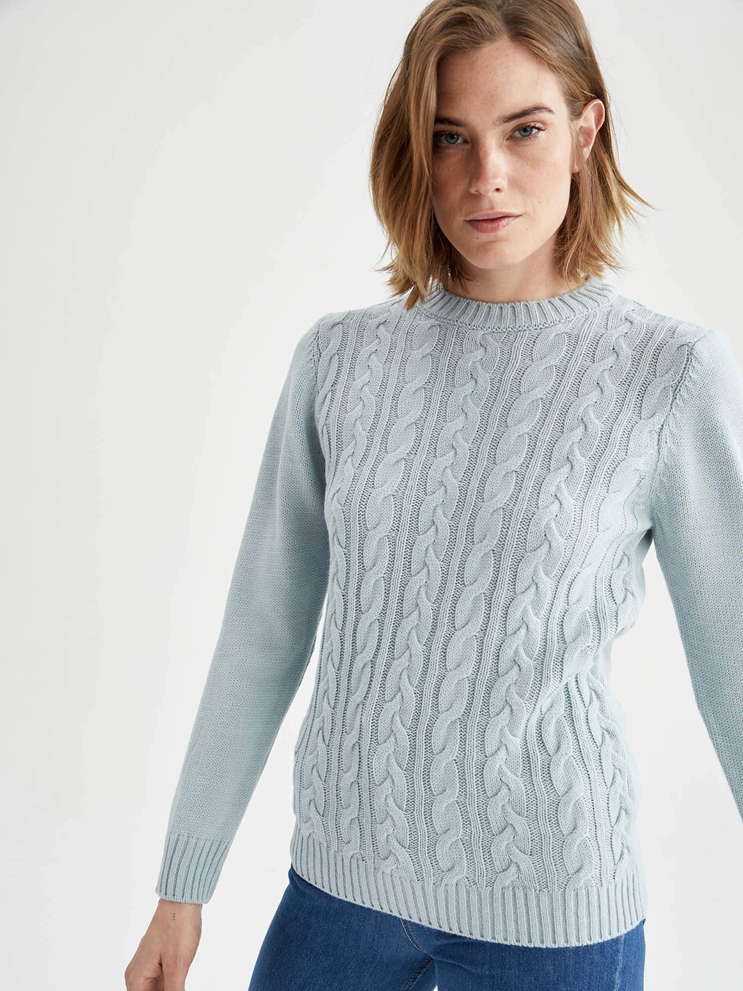 

DeFacto Women Blue Cable Knit REGULAR FIT Tricot Pullover Sweater