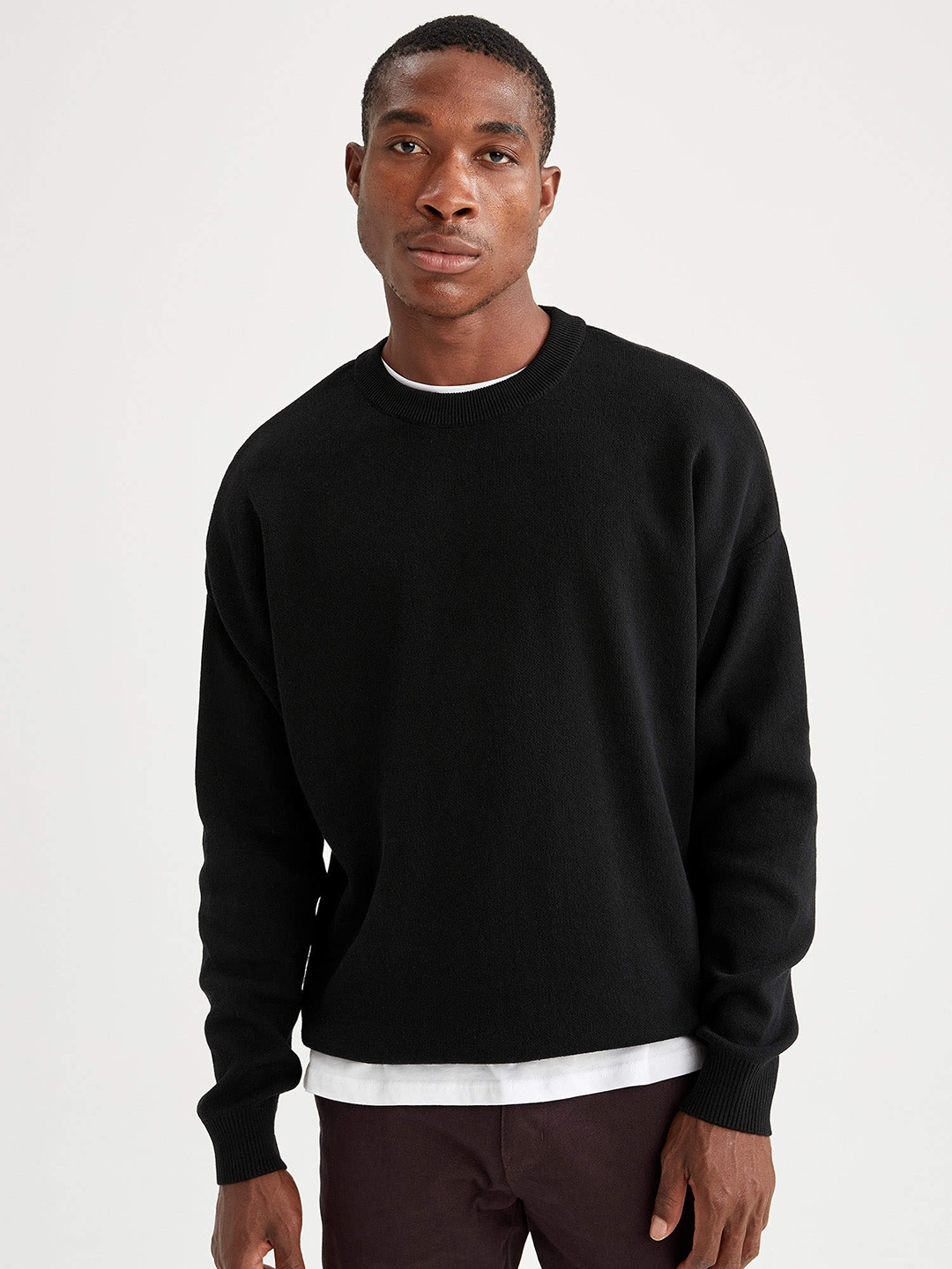 

DeFacto Men Black Solid OVERSIZE FIT Tricot Pullover Sweater