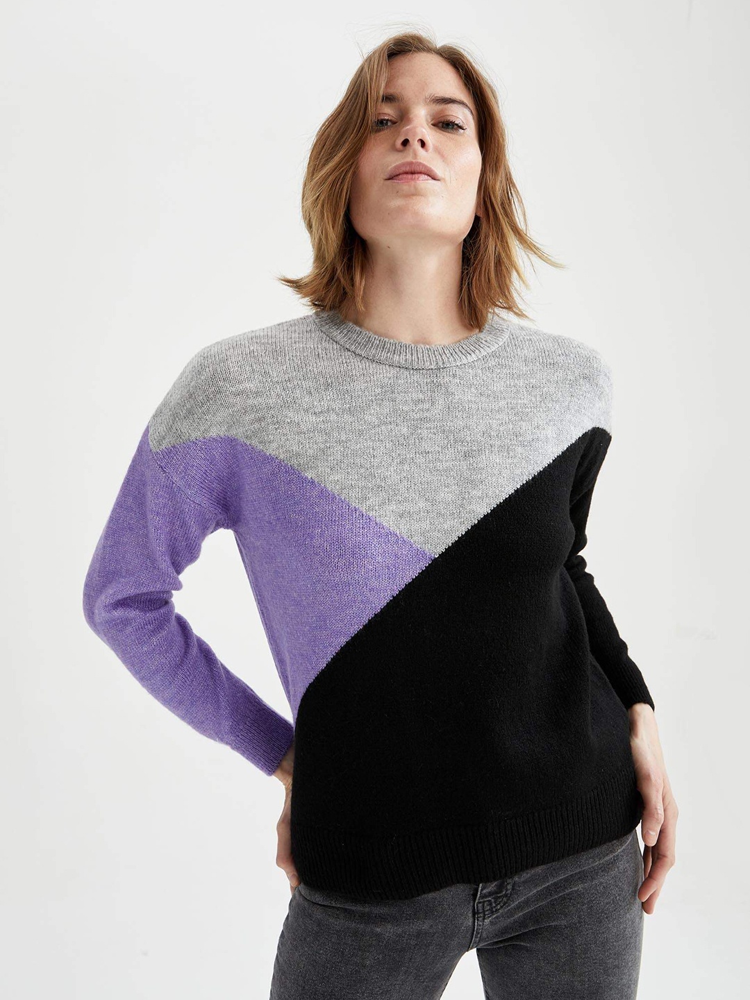 

DeFacto Women Lavender & Black Colourblocked REGULAR FIT Tricot Pullover Sweater