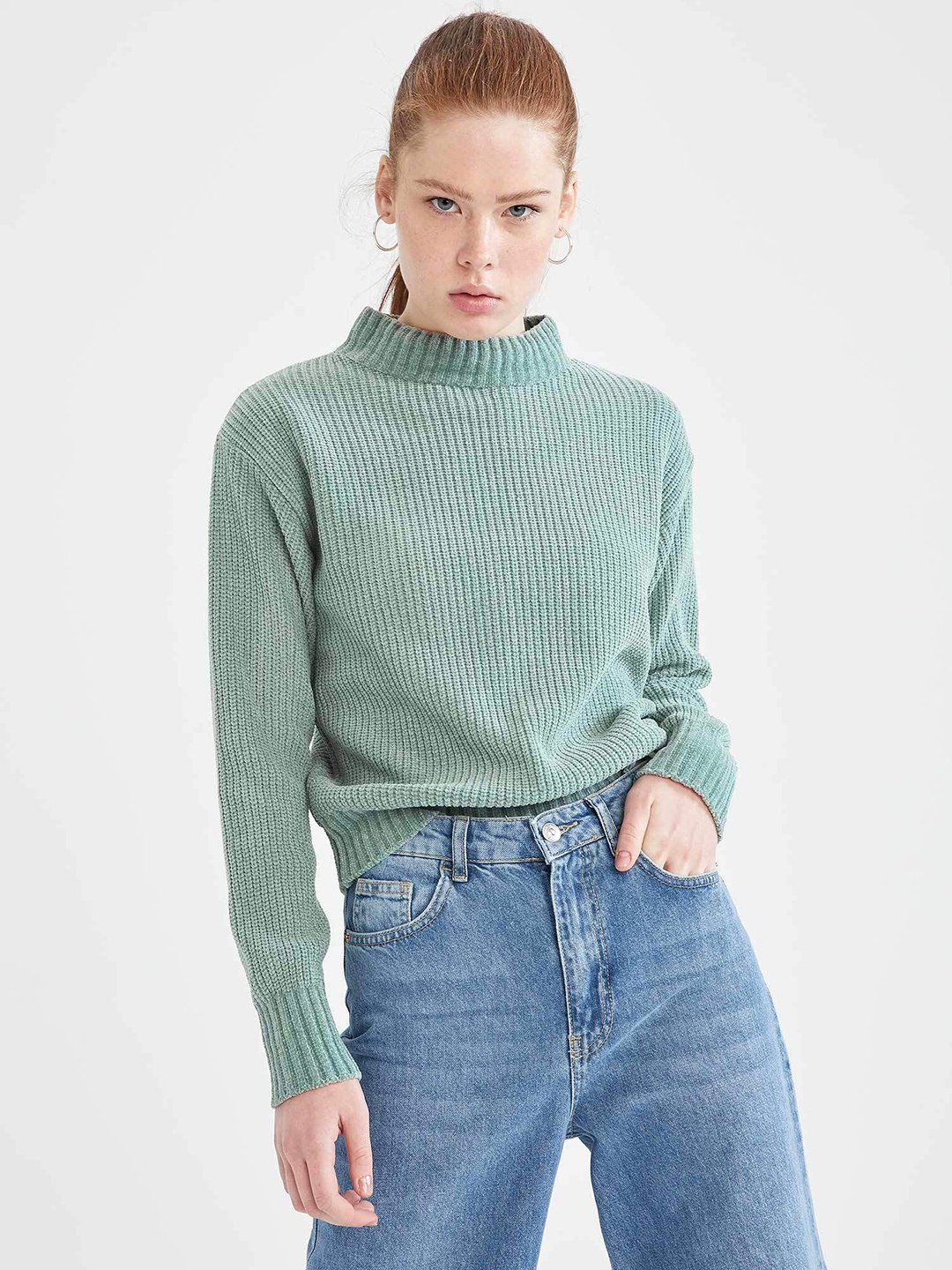 

DeFacto Women Mint Green Self Design Tricot Pullover