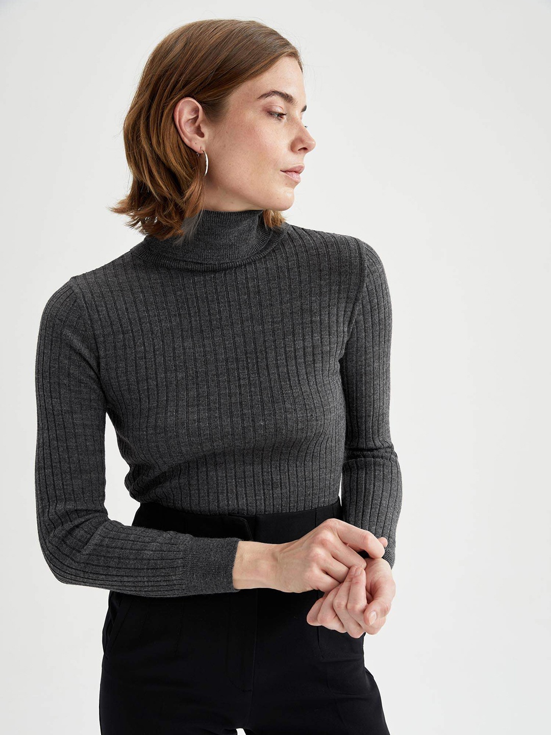 

DeFacto Women Charcoal Grey Self-Striped Pullover