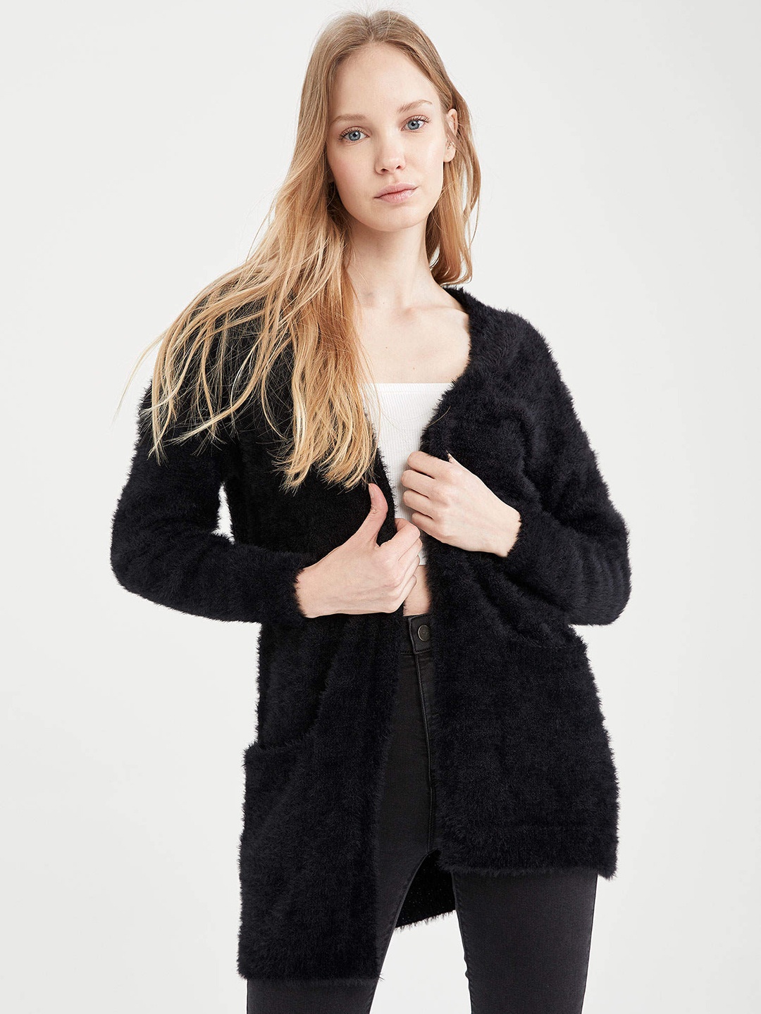 

DeFacto Women Black Fuzzy Longline Front-Open Sweater