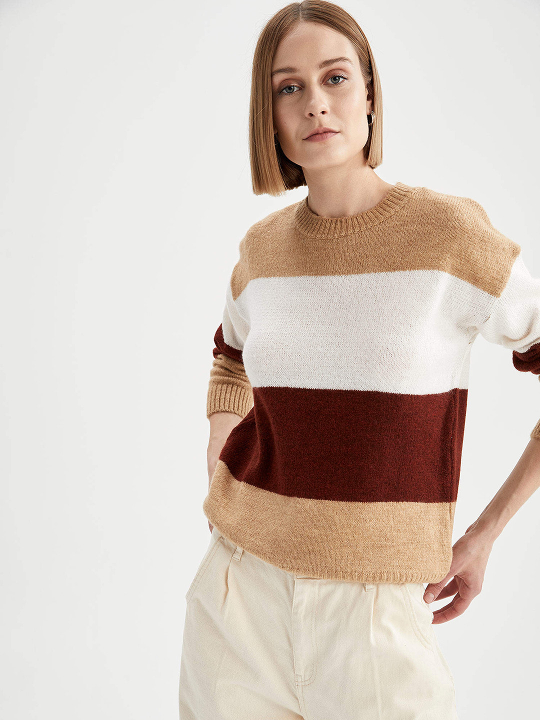 

DeFacto Women Camel Brown & Off White Striped Pullover
