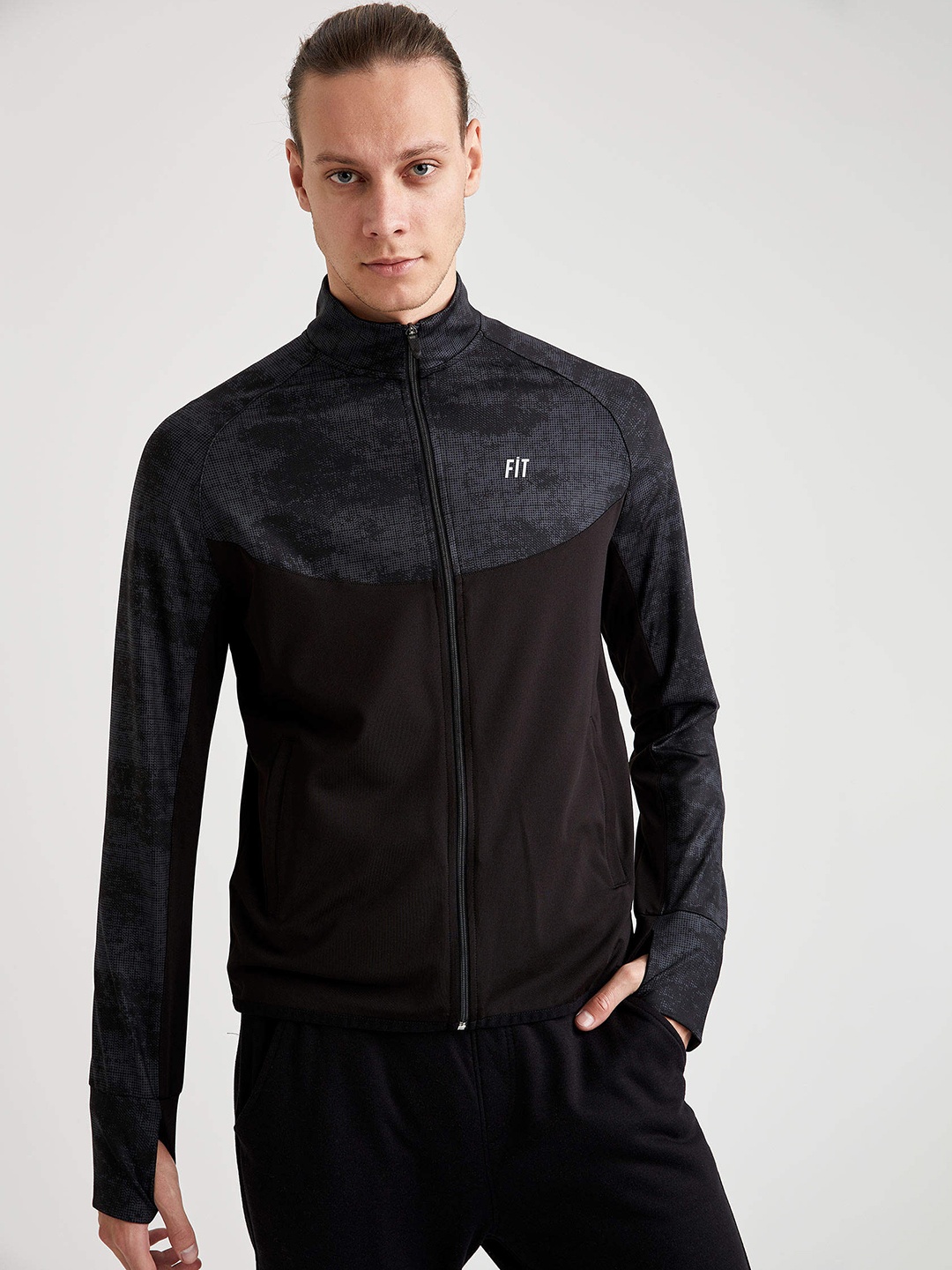 

DeFacto Men Black Slim Fit Printed Detail Zippered Track Jacket