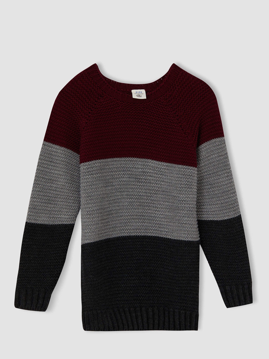 

DeFacto Boys Grey & Maroon Slim Fit Colourblocked Pullover