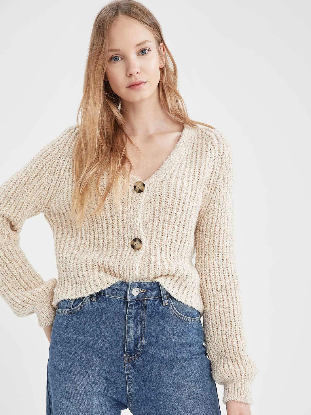 

DeFacto Women Beige Self-Design Cardigan