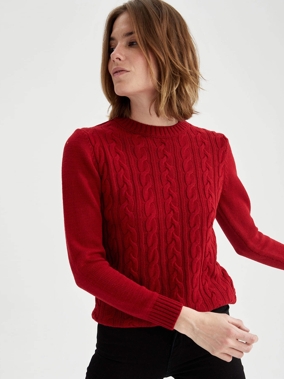 

DeFacto Women Red Acrylic Cable Knit Pullover