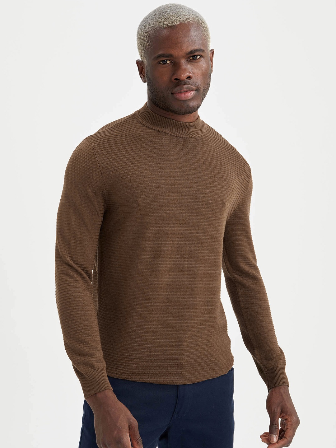 

DeFacto Men Brown High Neck Self-Striped Pullover