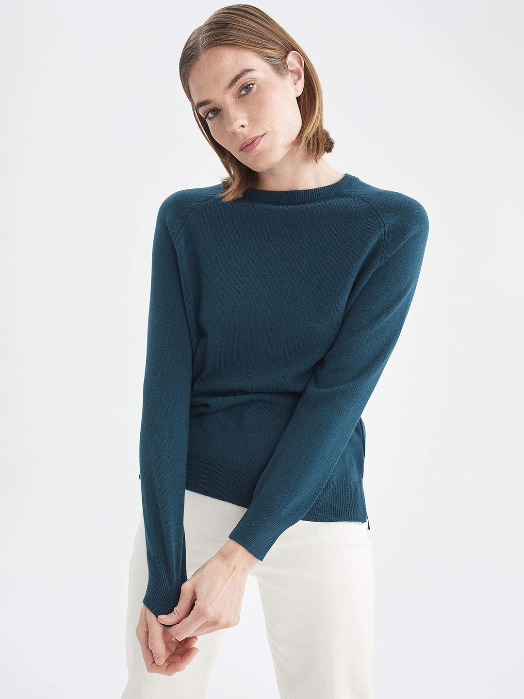 

DeFacto Women Teal Blue Ribbed Tricot Pullover