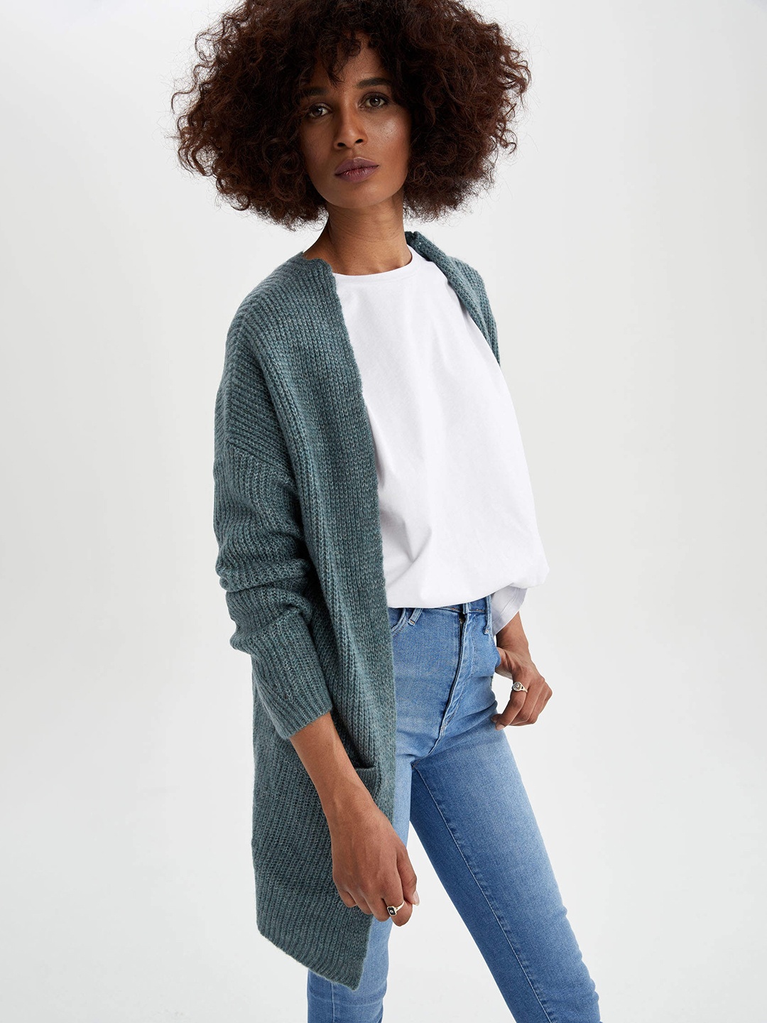 

DeFacto Women Blue Cable Knit Longline Front-Open Sweater