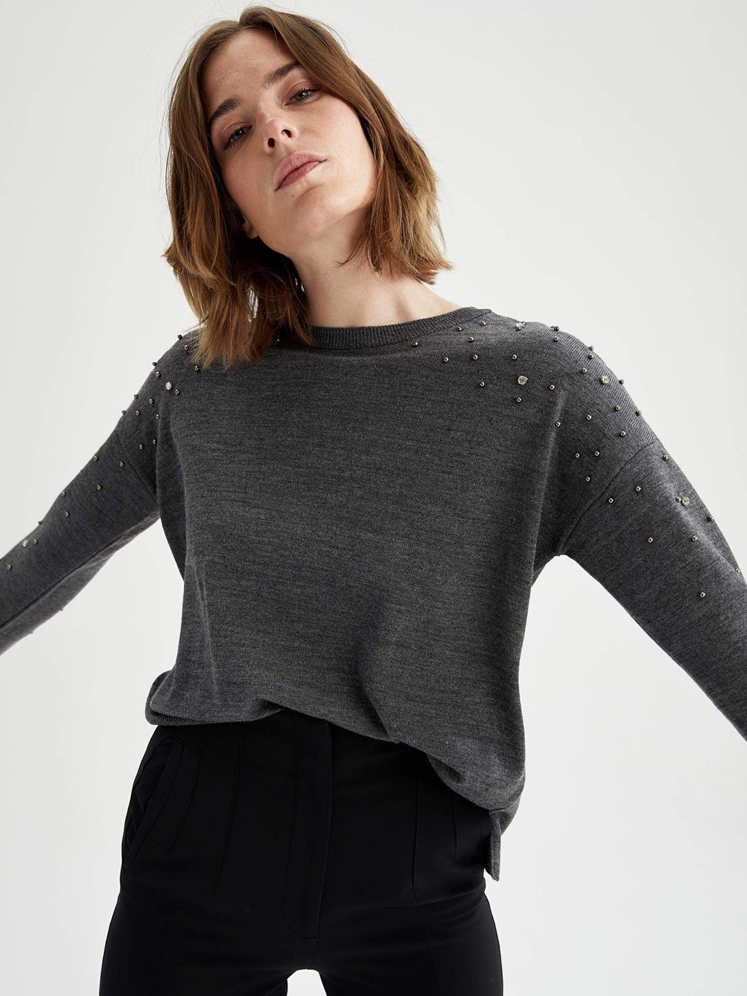 

DeFacto Women Grey Embellished Pullover