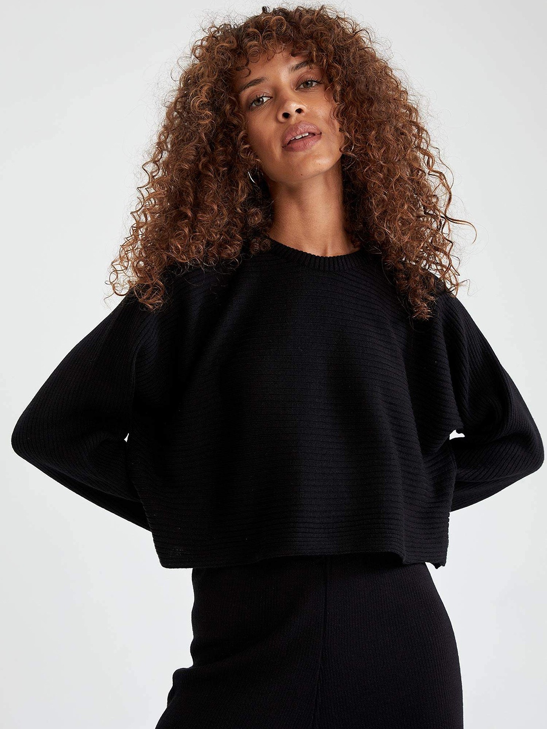 

DeFacto Women Black Self-Striped Extended Sleeves Pullover