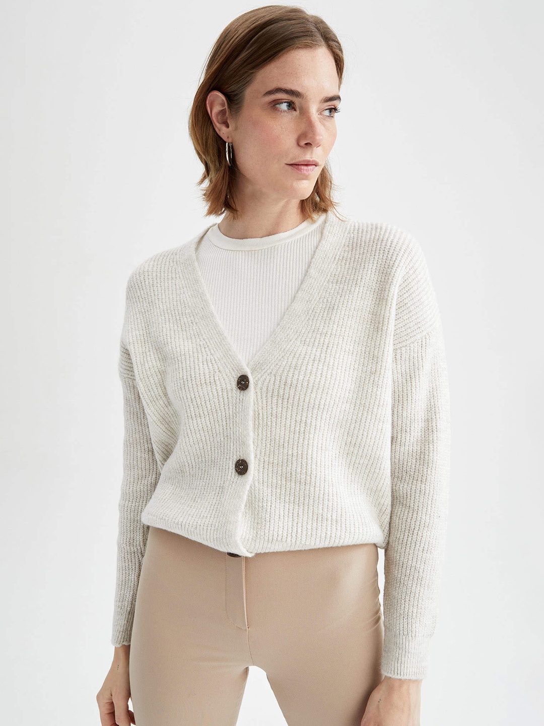 

DeFacto Women Off White Ribbed Cardigan