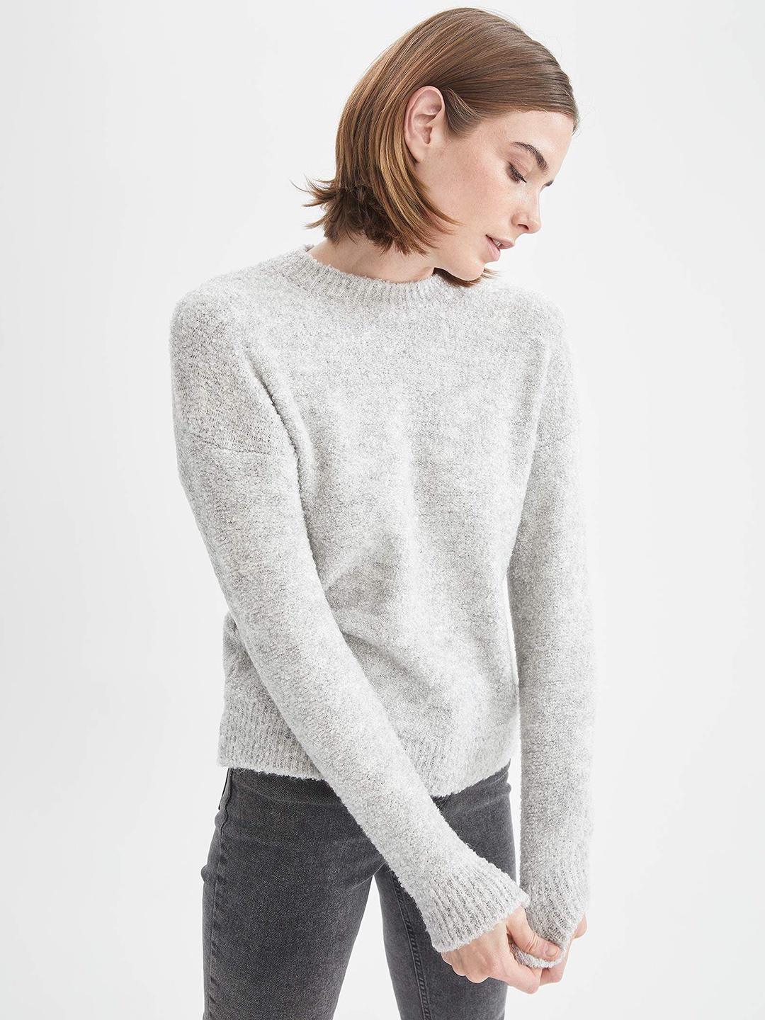 

DeFacto Women Off White Self Designed Round Neck Regular Pullover