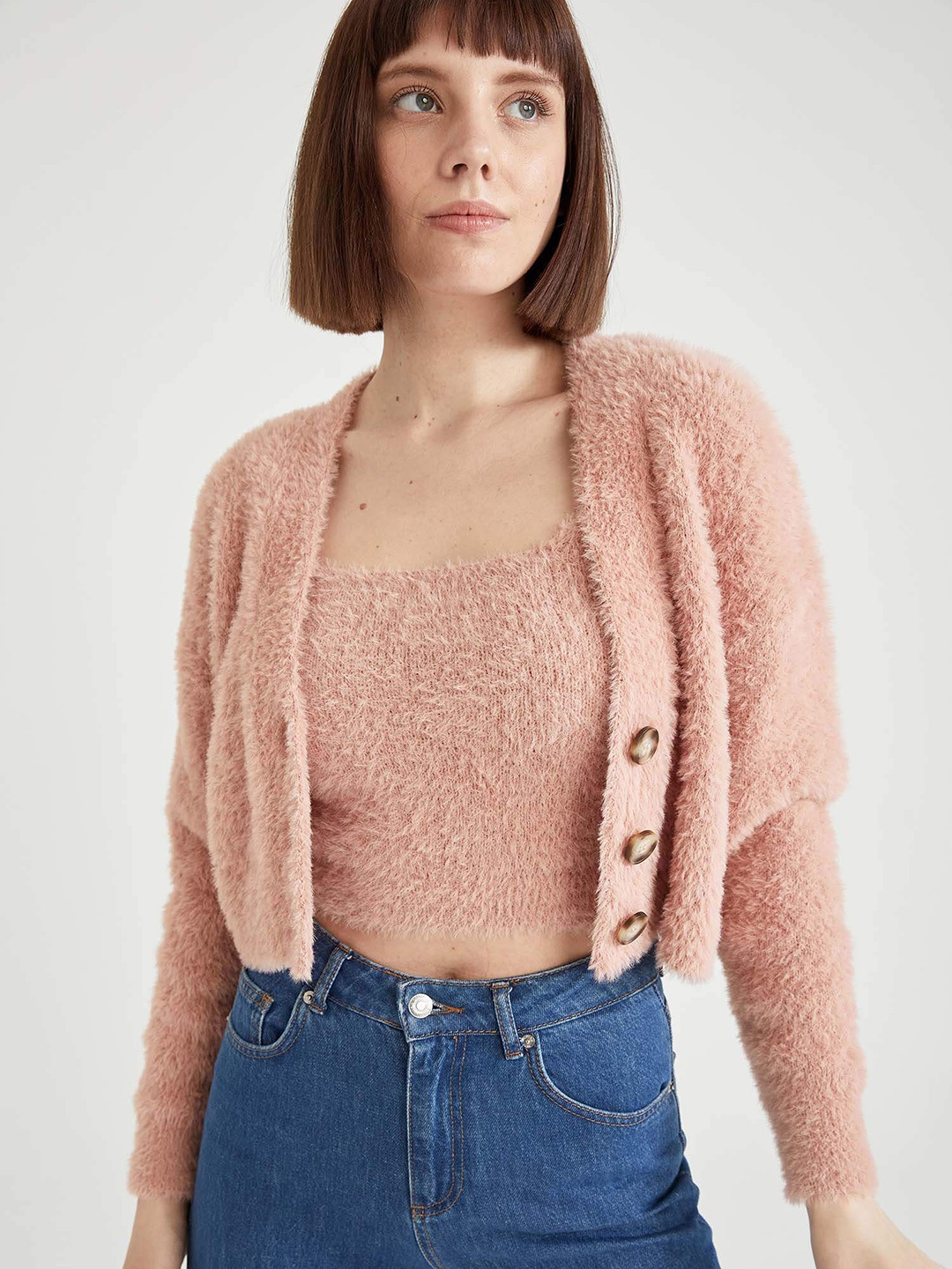 

DeFacto Women Pink Crop Cardigan with Fuzzy Detail