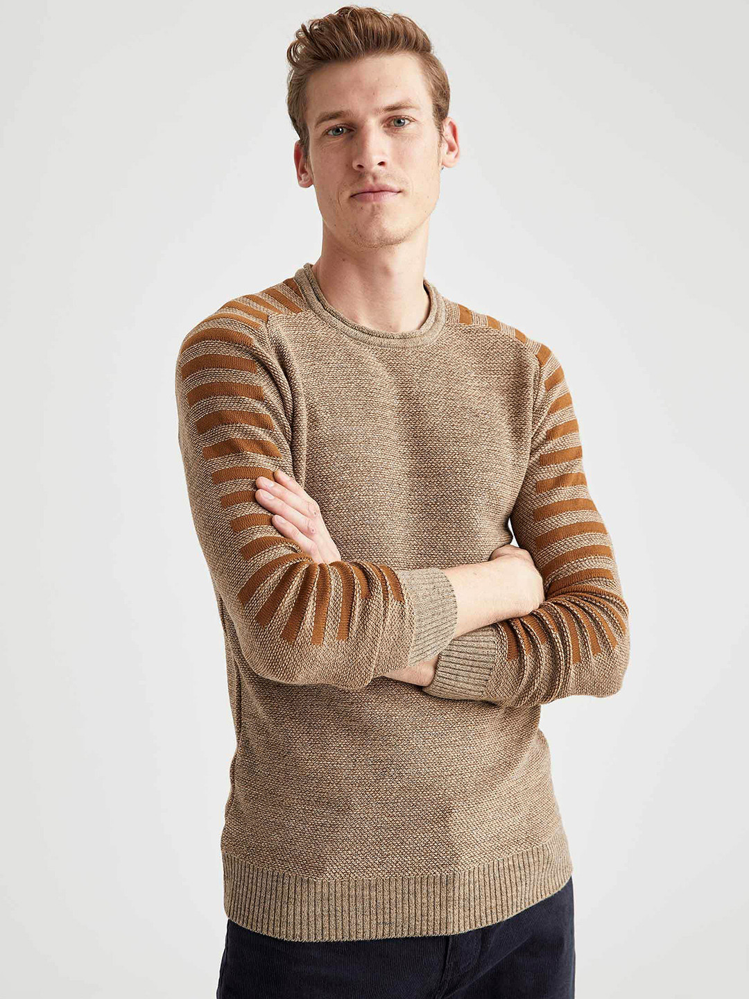 

DeFacto Men Beige Woven Design Slim Fit Pullover Sweater