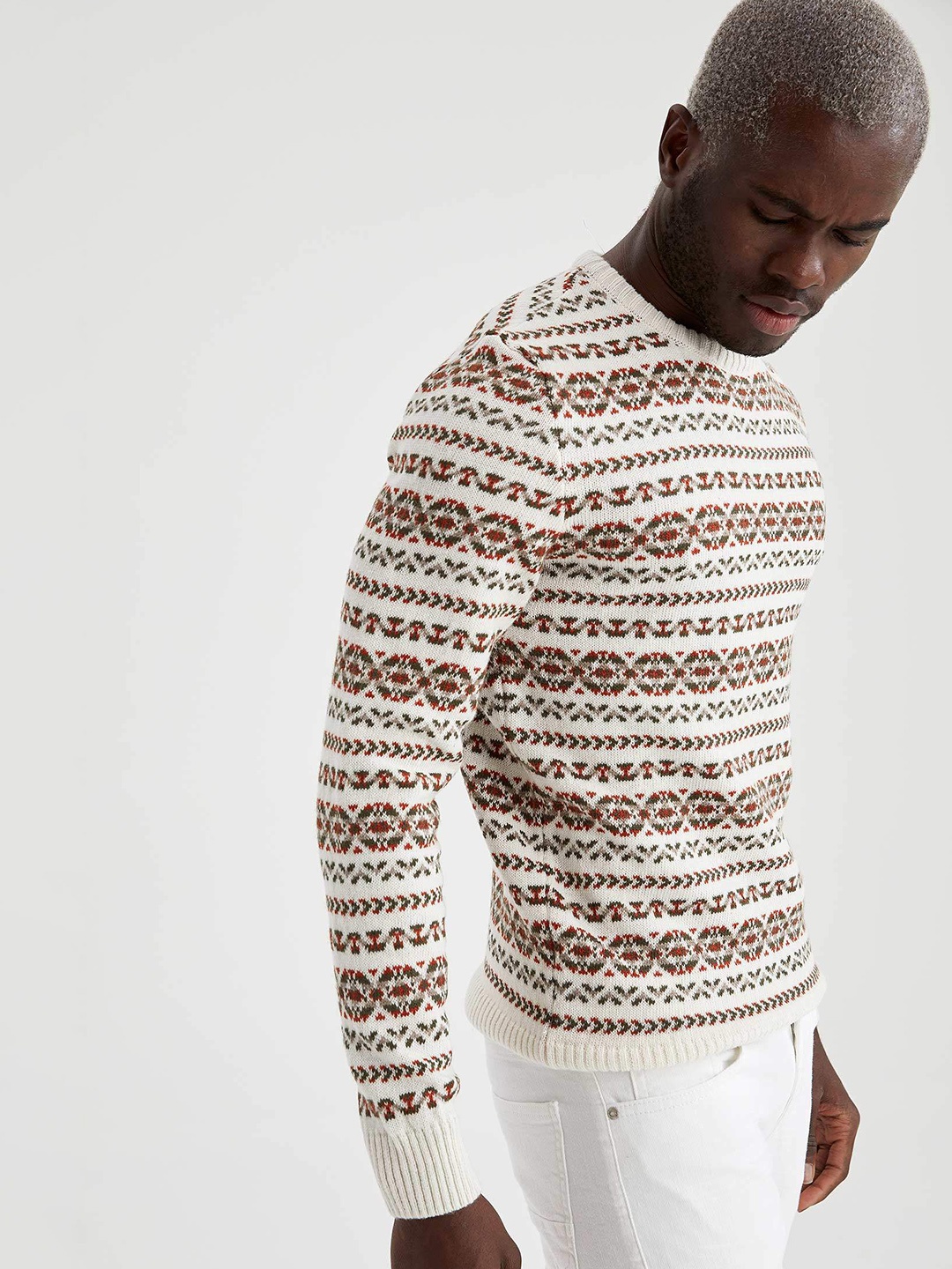 

DeFacto Men White & Red Slim Fit Fair Isle Pullover