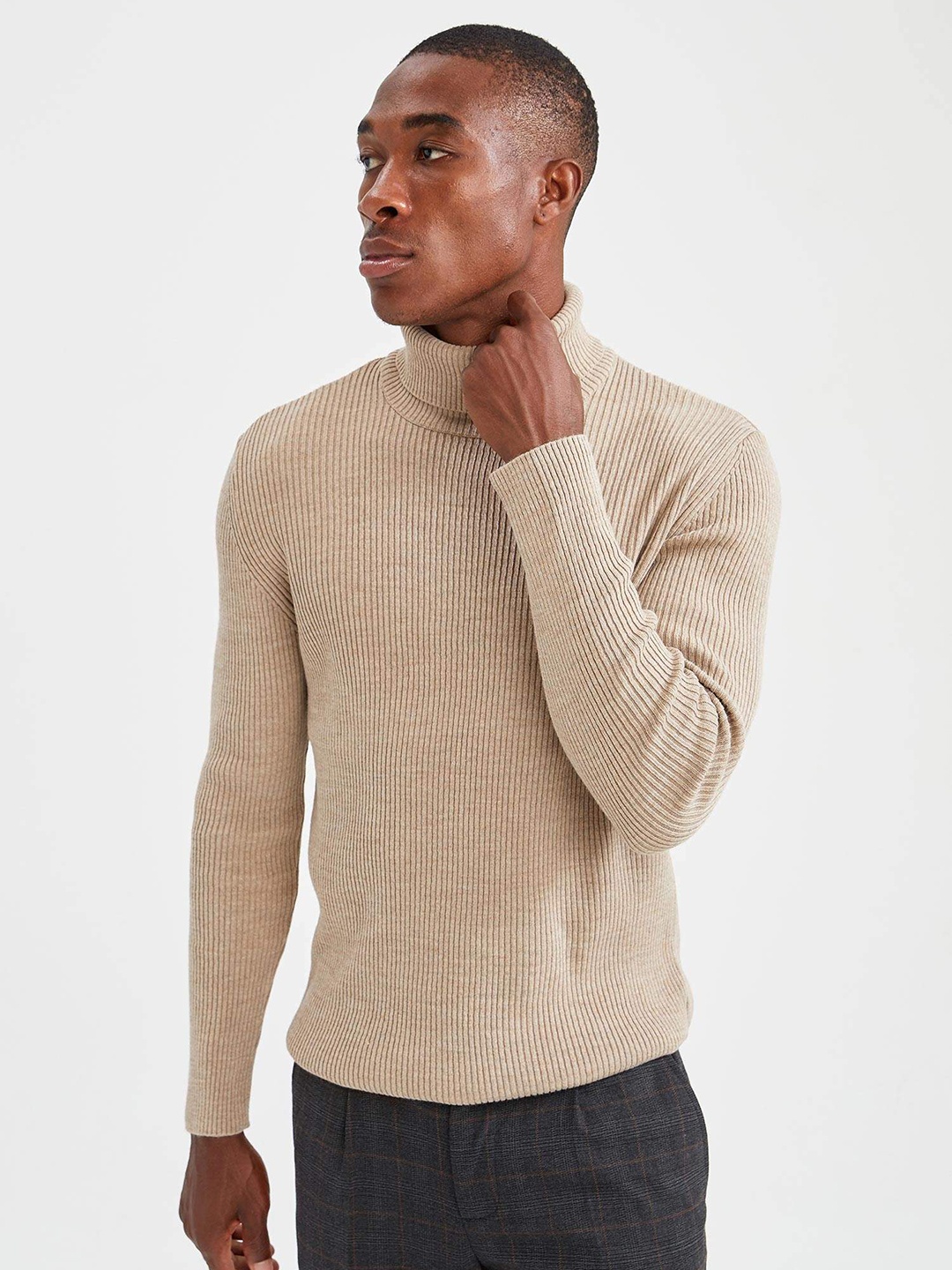 

DeFacto Men Beige SLIM FIT Acrylic High Neck Pullover