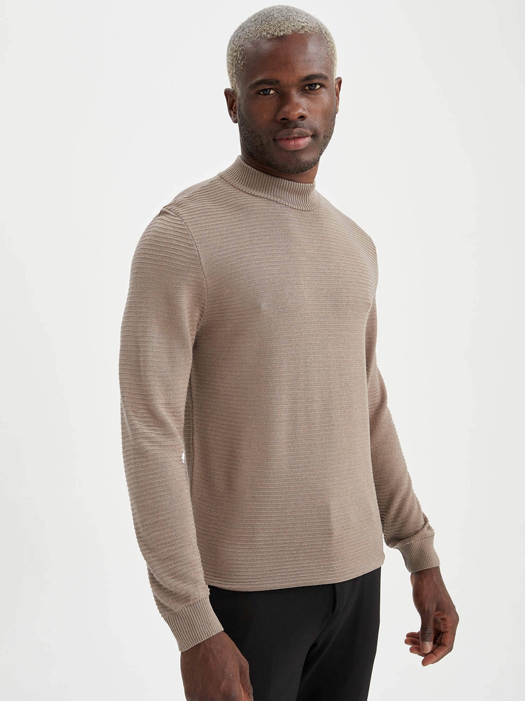

DeFacto Men Beige Self-Striped Pullover