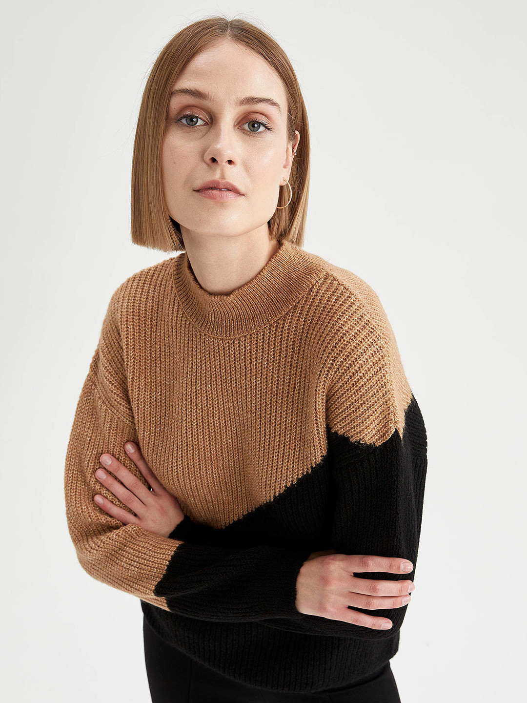 

DeFacto Women Brown & Black Colourblocked Pullover