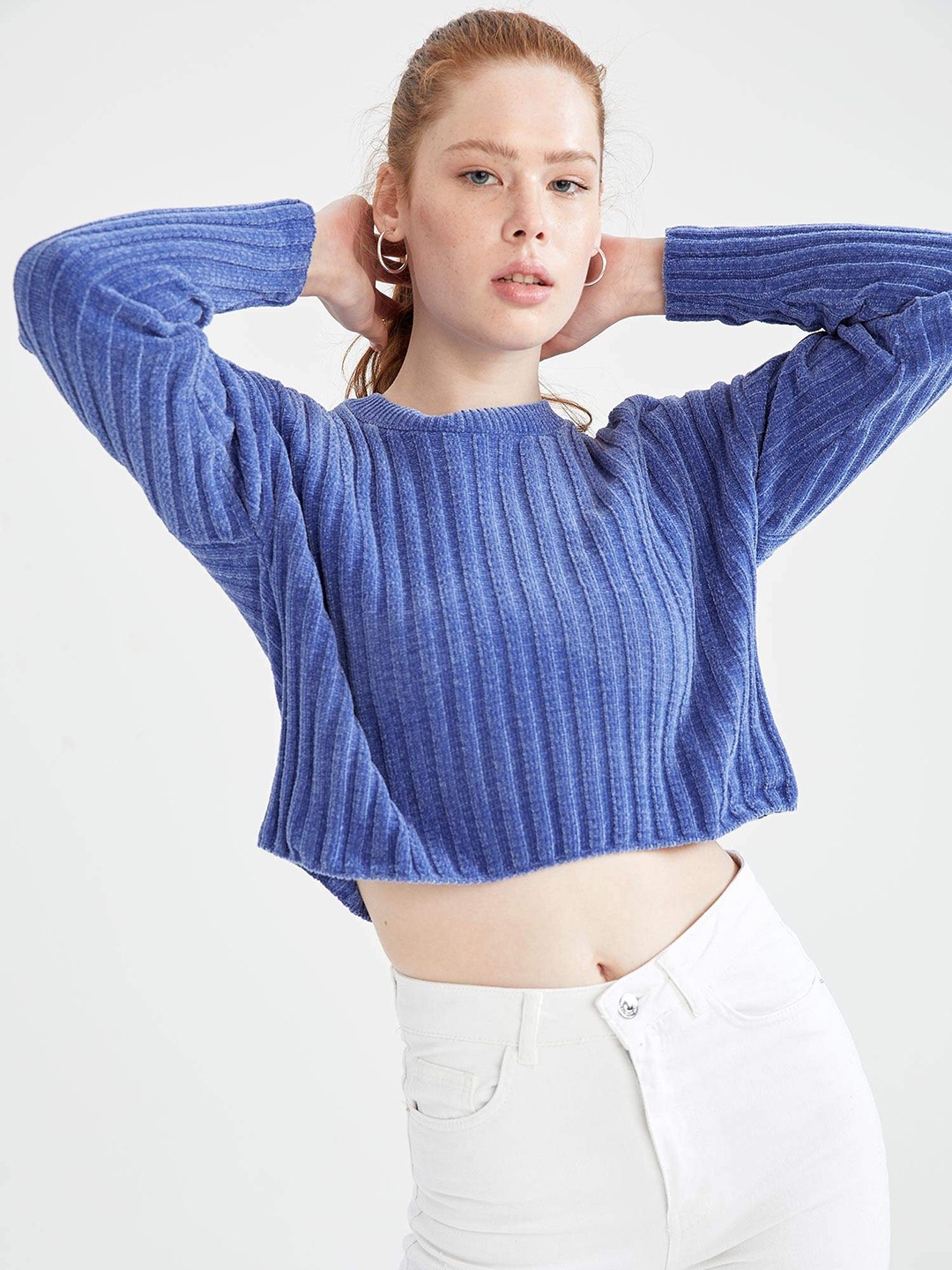 

DeFacto Women Blue Crop Self-Striped Ribbed Pullover