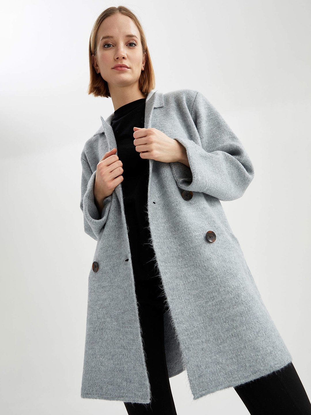 

DeFacto Women Grey Melange Longline Coat Style Cardigan