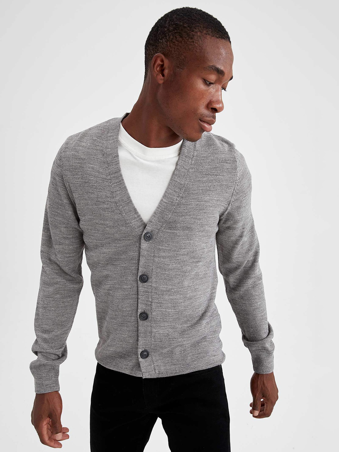 

DeFacto Men Grey Melange Basic SLIM FIT Tricot Acrylic Cardigan