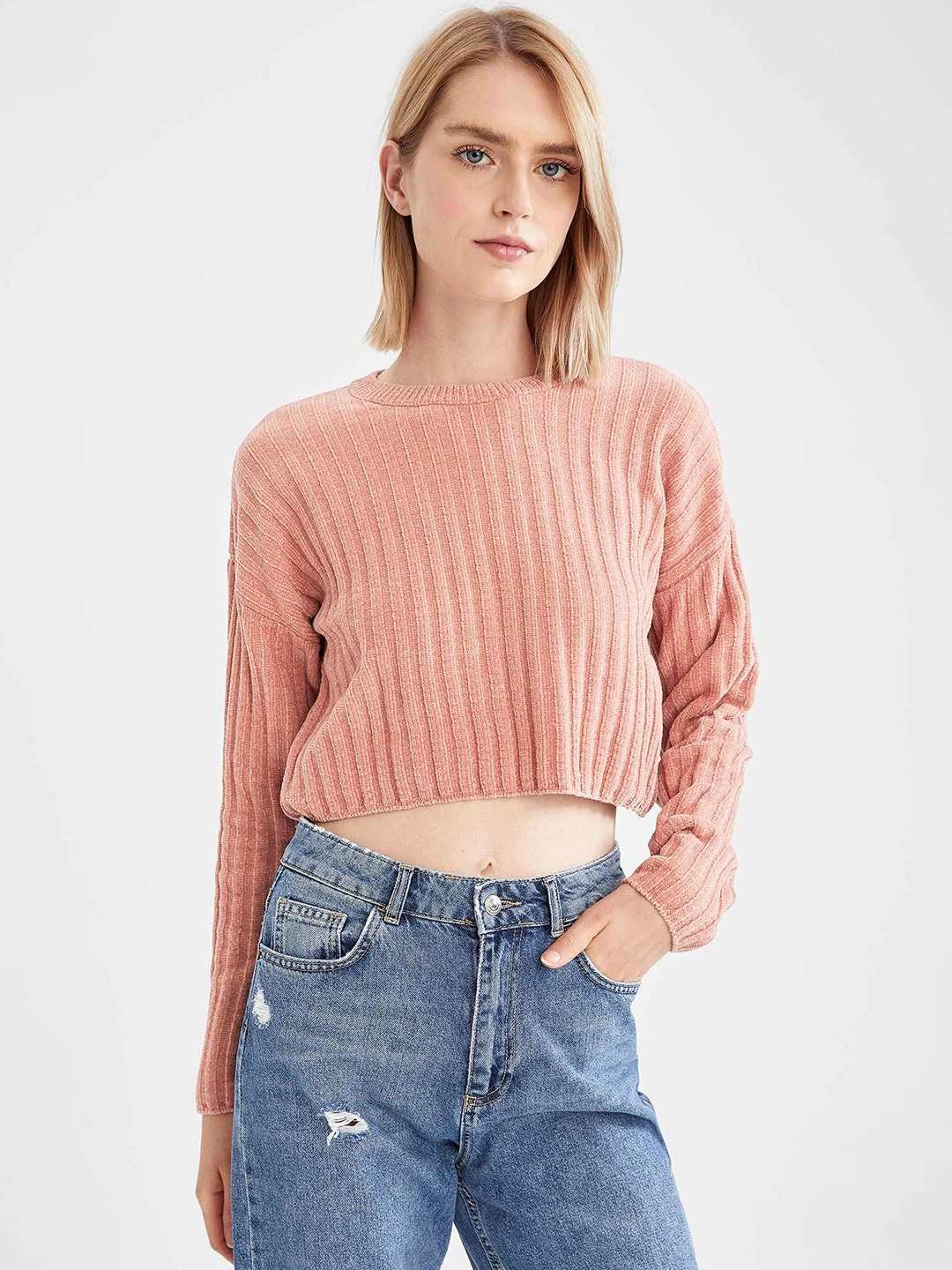 

DeFacto Women Pink Ribbed Crop Pullover
