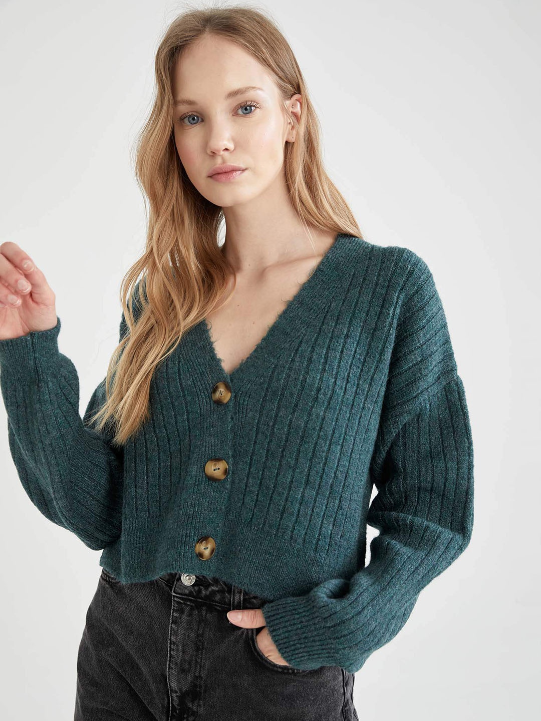 

DeFacto Women Green Self-Striped Cardigan