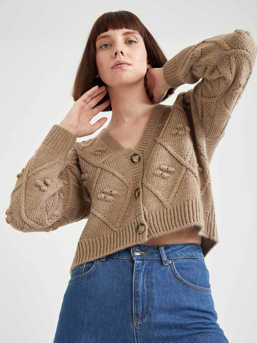 

DeFacto Women Beige Self-Design Cardigan