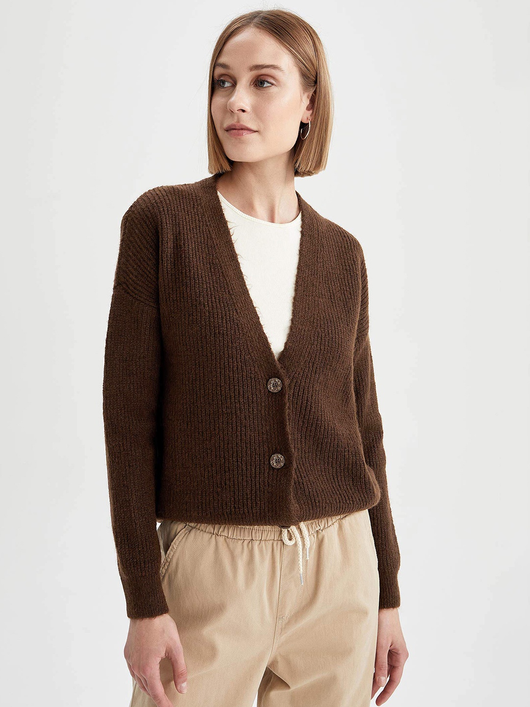 

DeFacto Women Brown Ribbed Cardigan