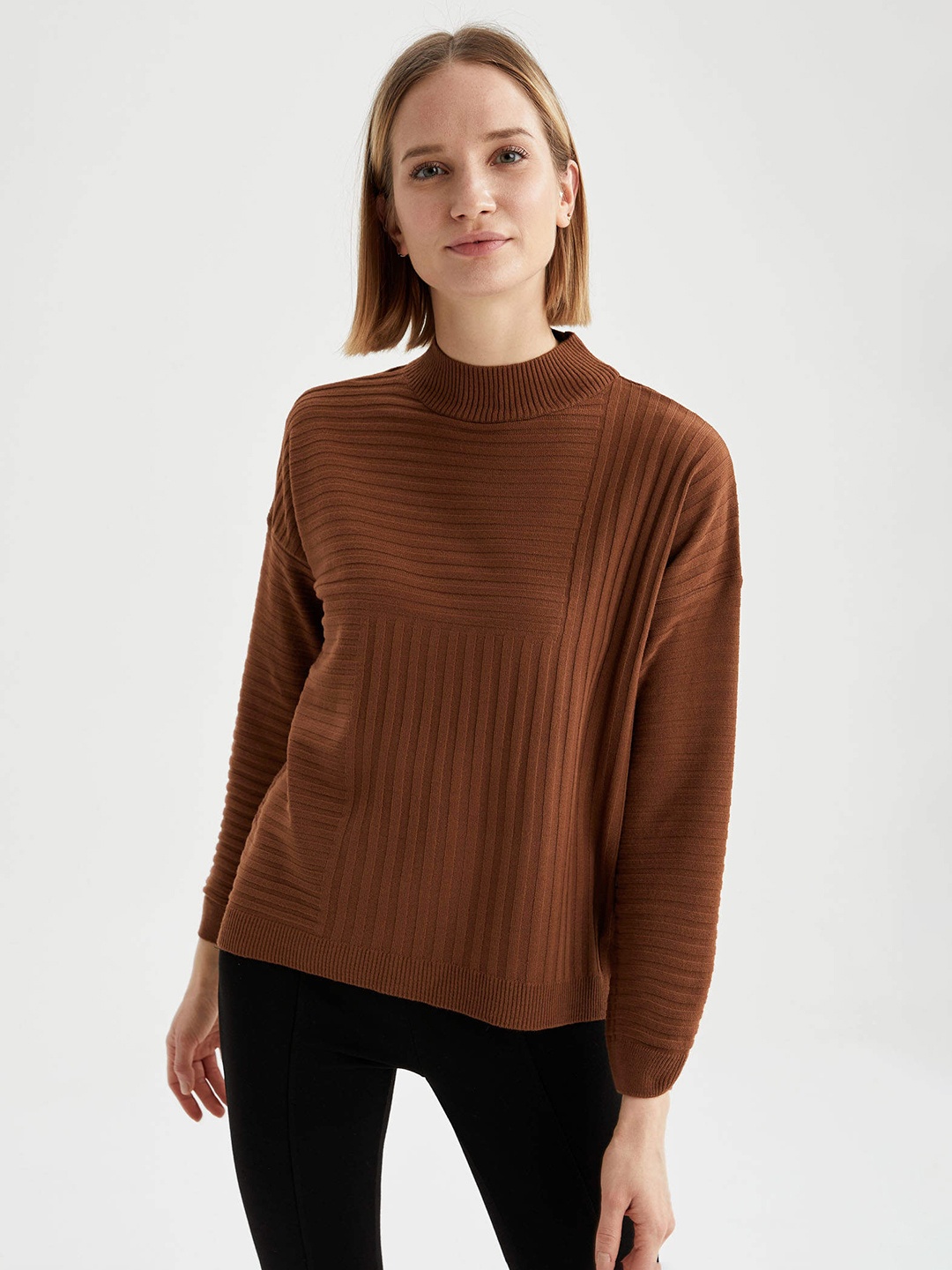 

DeFacto Women Brown Self-Striped Acrylic Pullover