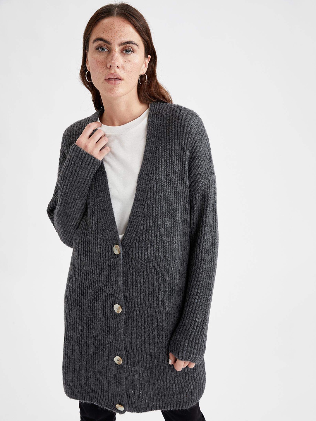 

DeFacto Women Grey Longline Front-Open Sweater