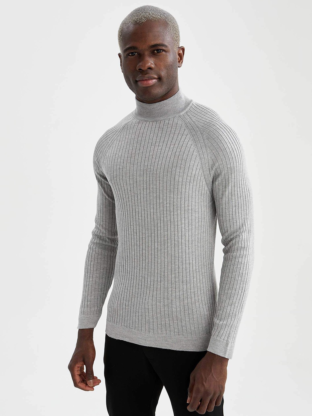 

DeFacto Men Grey Melange Slim Fit Rib Knit Pullover
