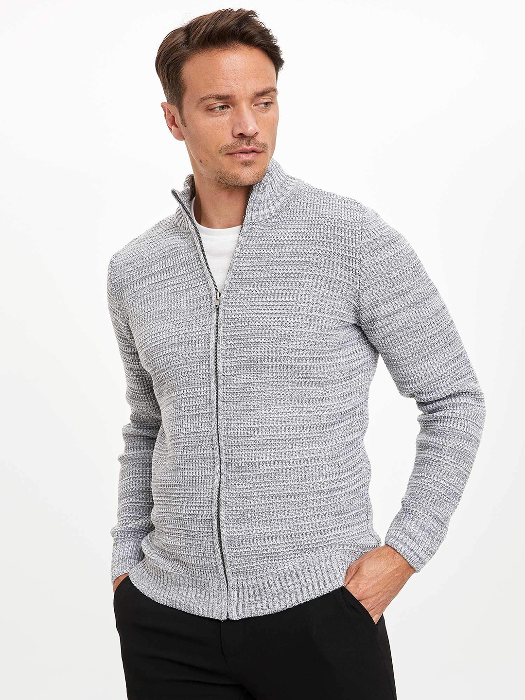 

DeFacto Men Grey Melange Slim Fit Cable Knit Cardigan