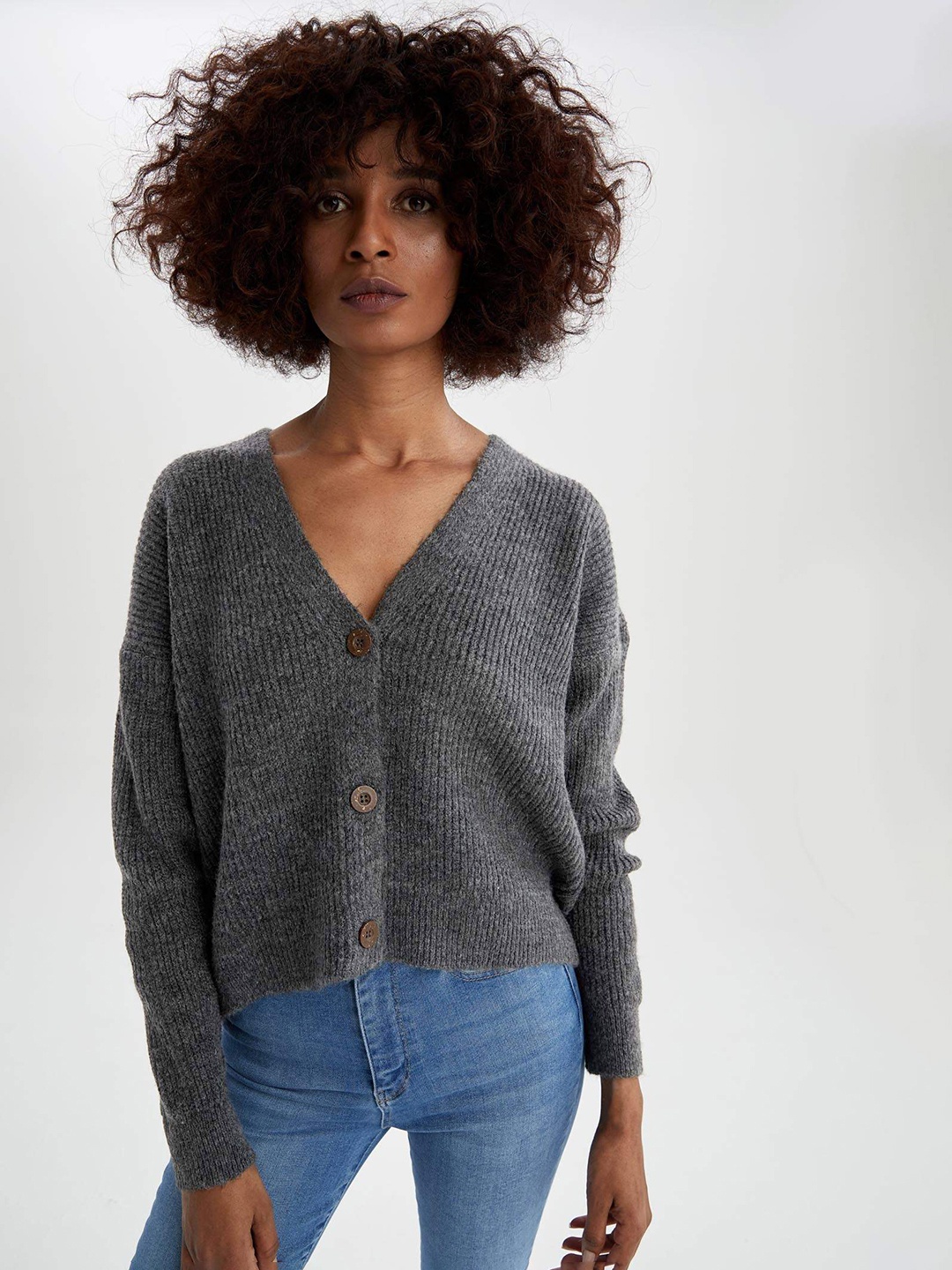 

DeFacto Women Grey Ribbed Crop Cardigan