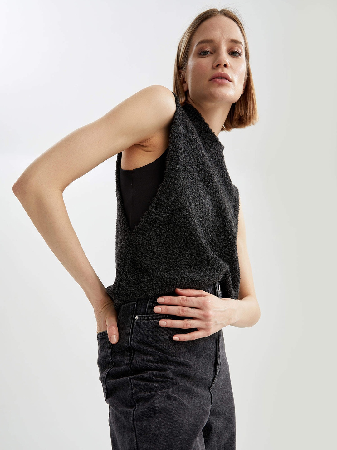 

DeFacto Women Grey Boucle Sweater Vest with Fuzzy Detail