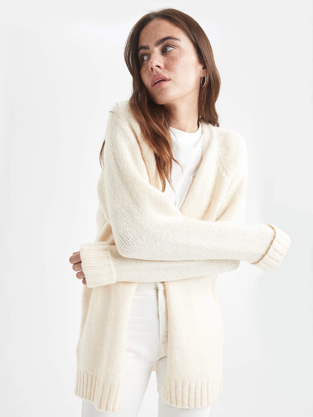 

DeFacto Women Off White Solid Cardigan