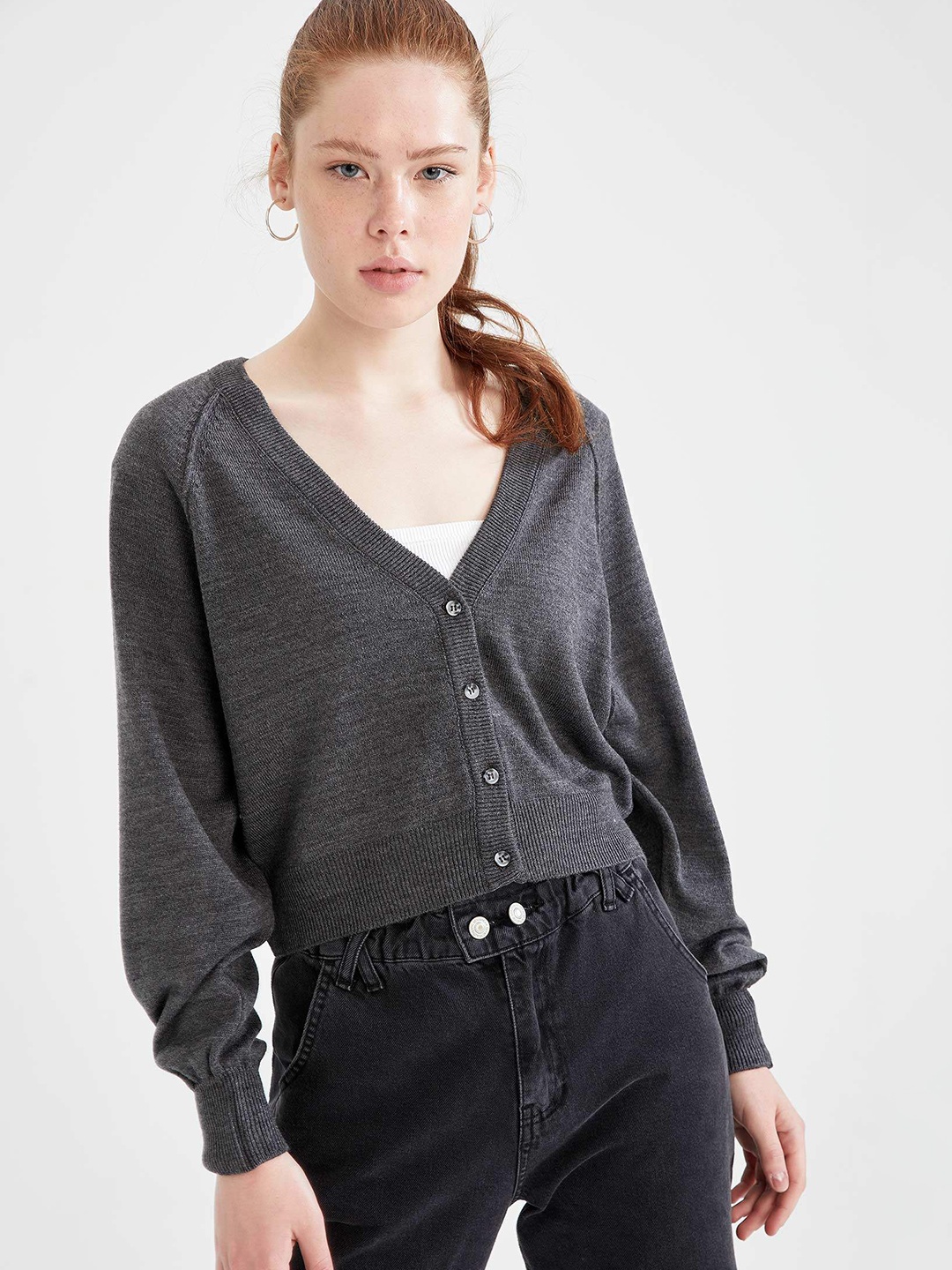 

DeFacto Women Grey Crop Acrylic Cardigan