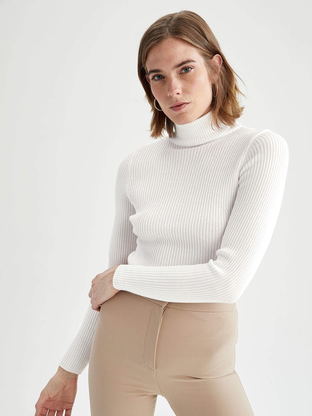 

DeFacto Women White Self-Striped High Neck Pure Cotton Pullover