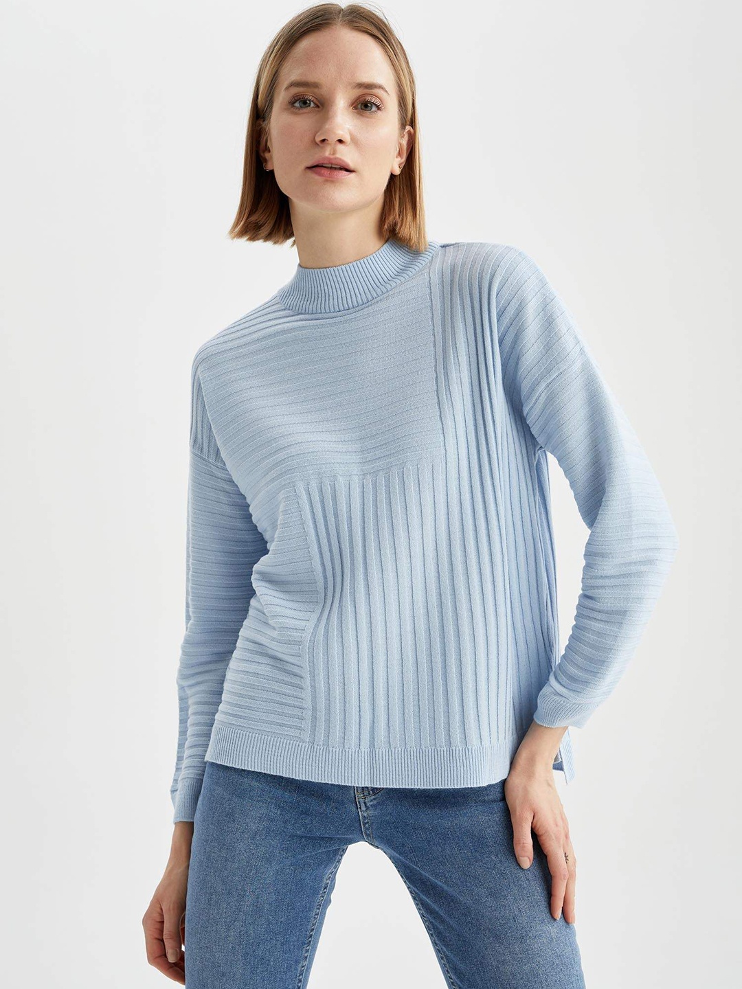 

DeFacto Women Blue Self-Striped Acrylic Pullover