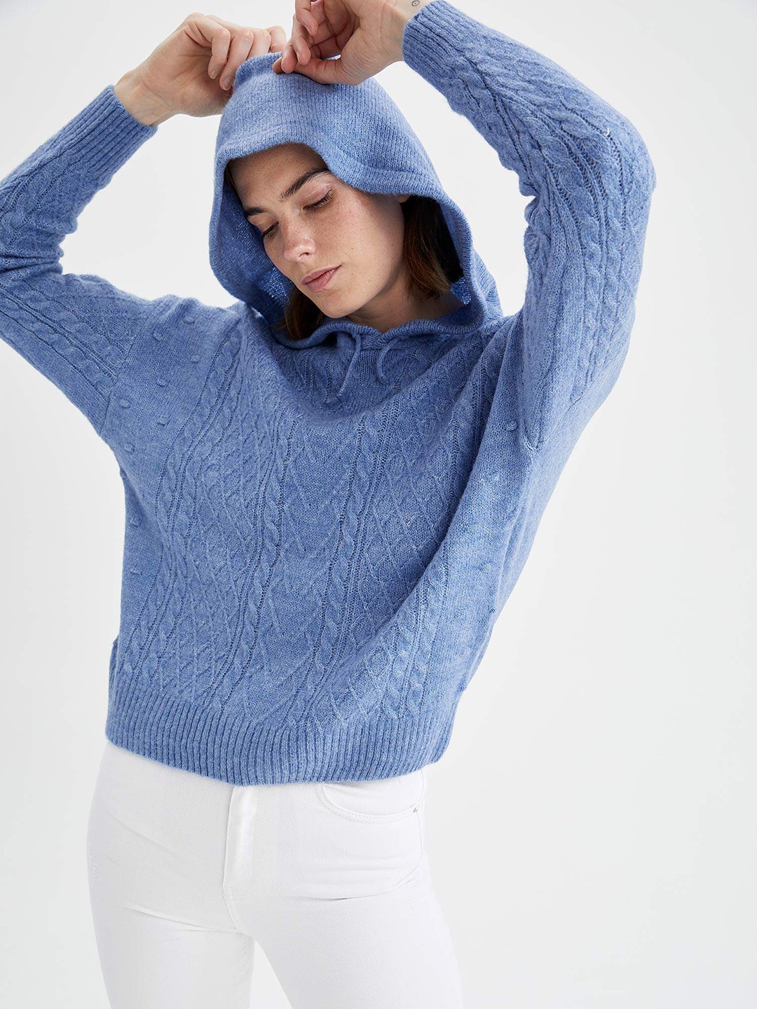 

DeFacto Women Blue Cable Knit Hooded Pullover